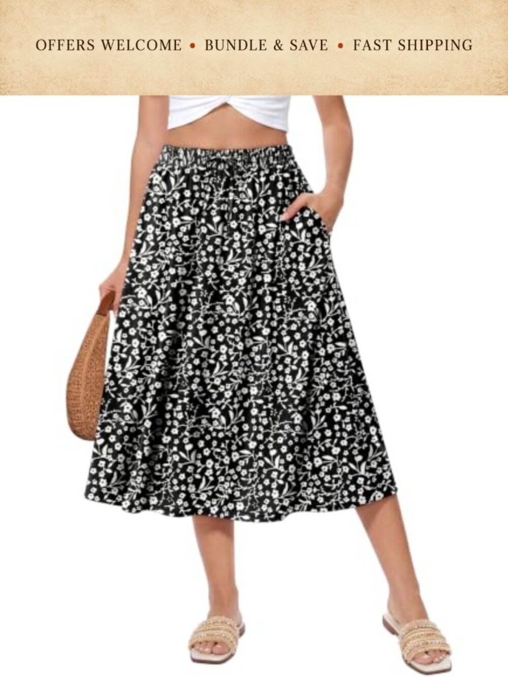 High Waist A-Line Midi Skirt Floral Print Pockets Casual Work